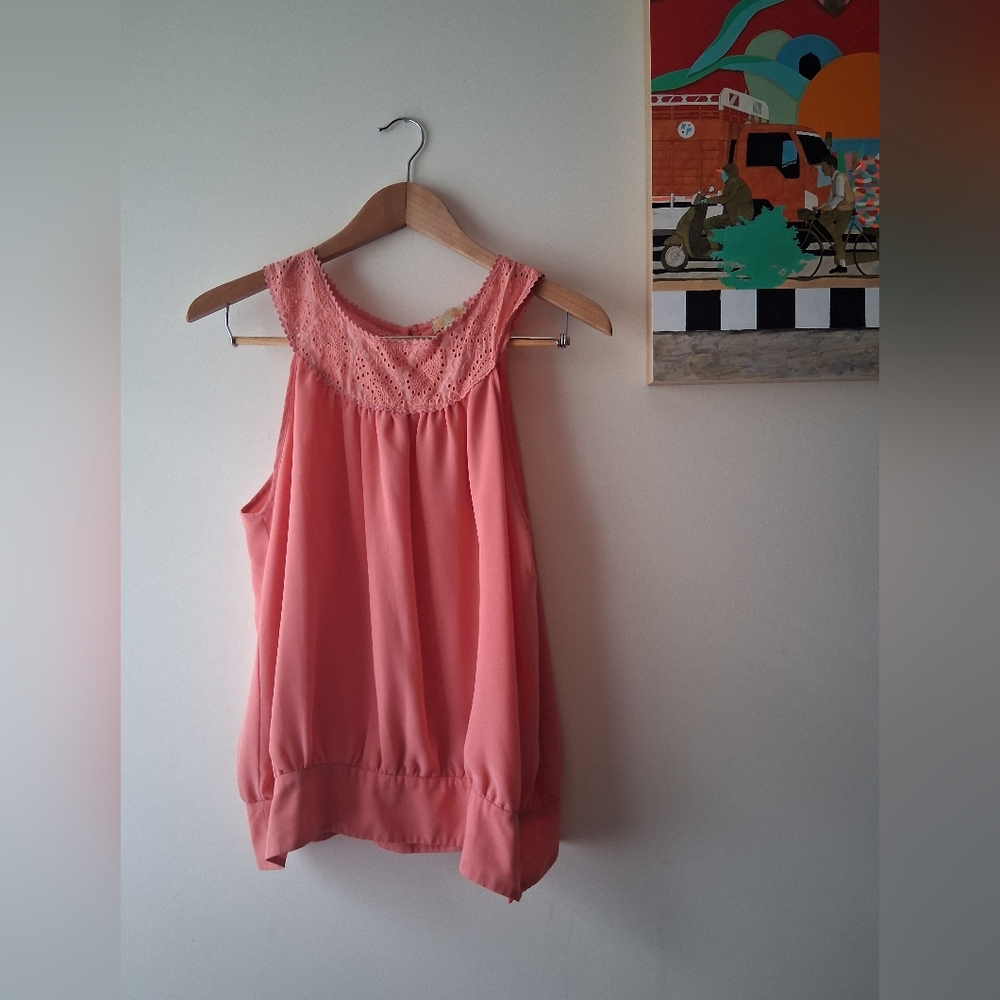 Forever Coral (Pink, Salmon) Lace Trim Blouse, Size Large